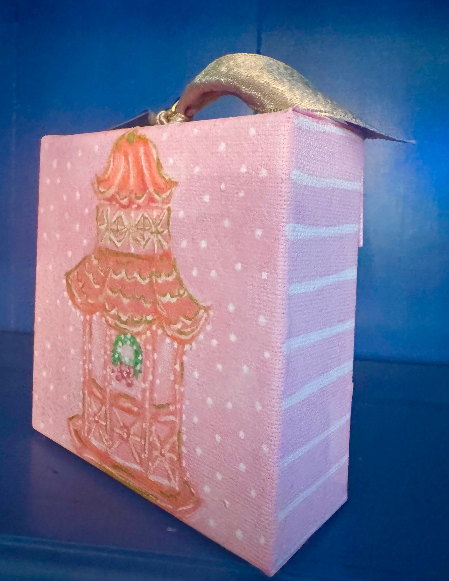 Mini Canvas Ornament - Pagoda Chinoiserie, pink and coral
