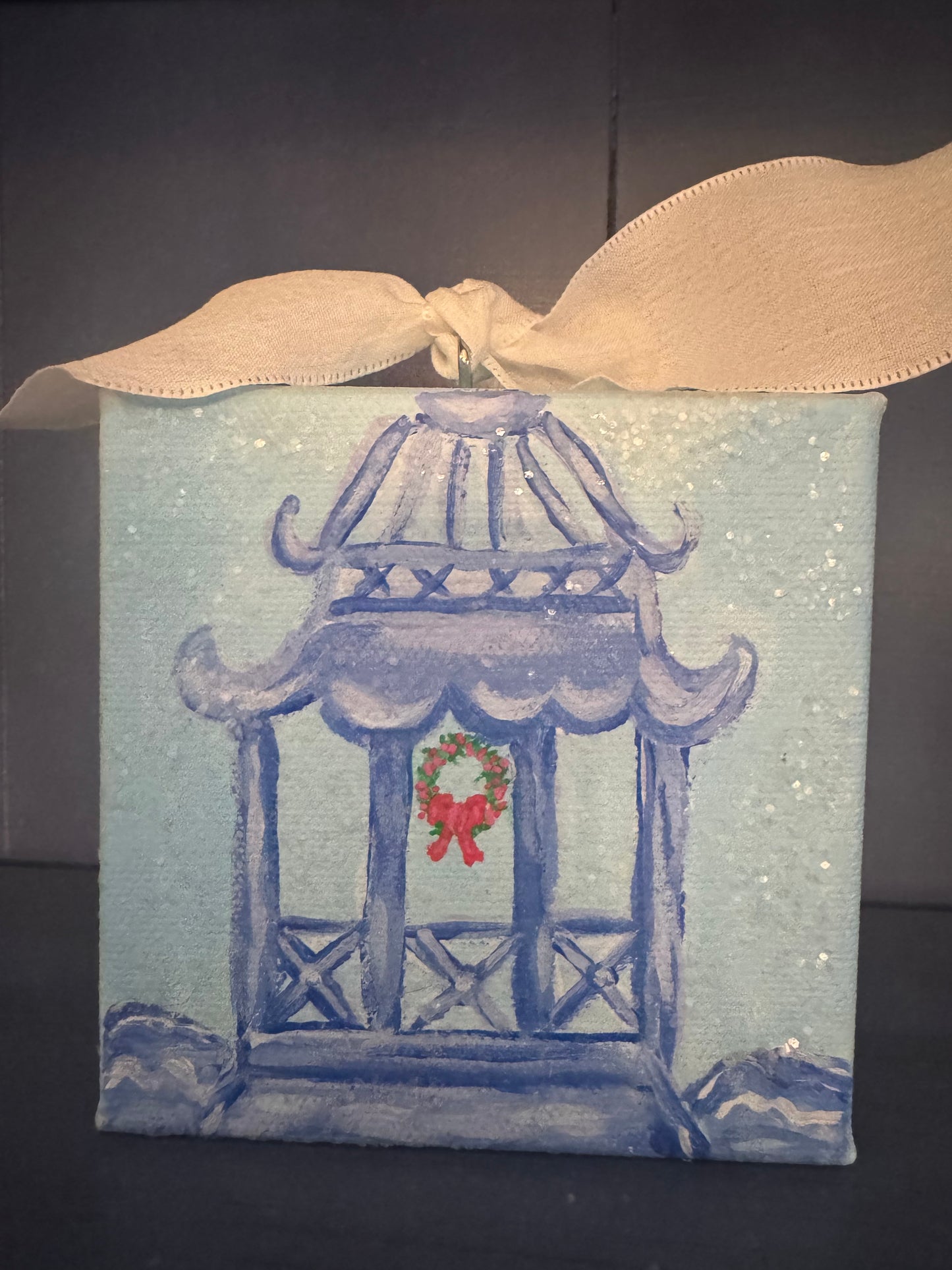 Mini Canvas Ornament - Blue Pagoda