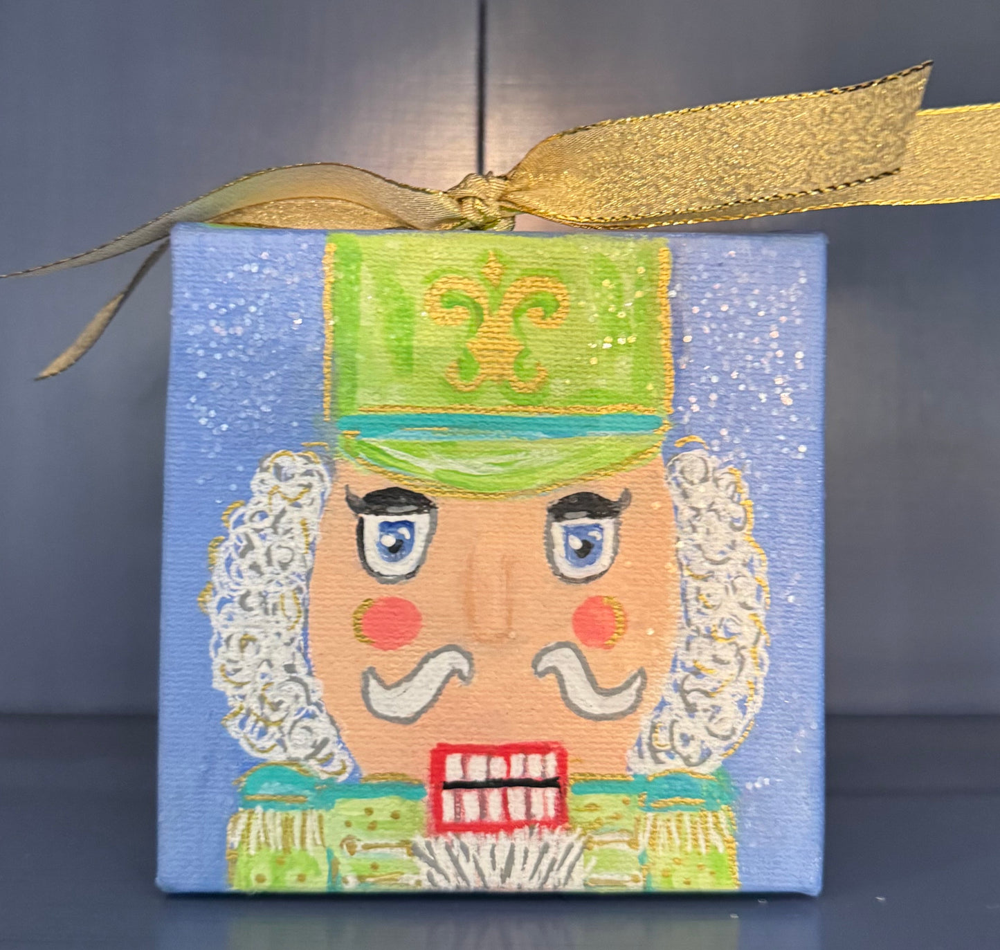 Mini Canvas Ornament - Blue & Green Nutcracker