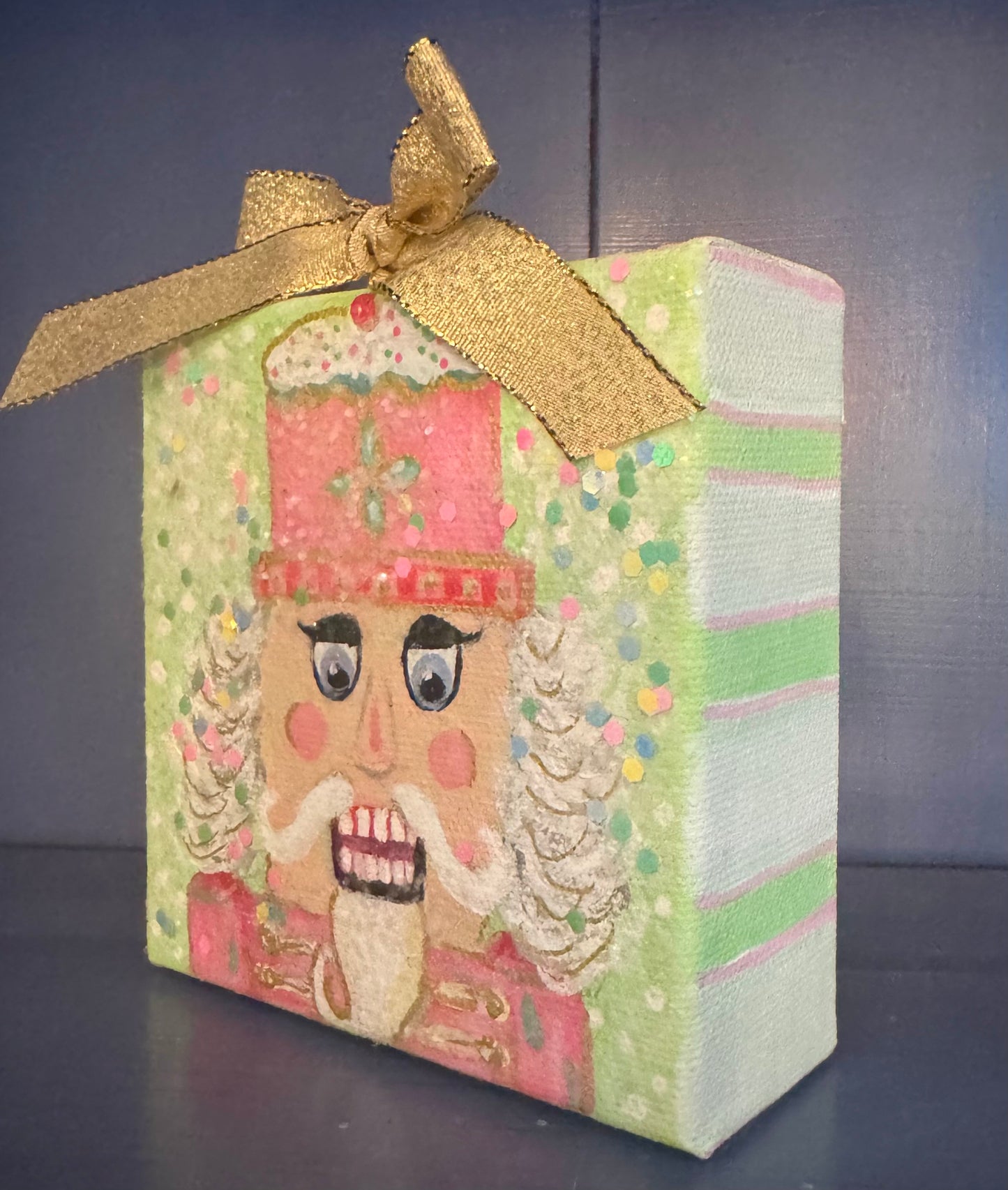 Mini Canvas Ornament - Pink & Green Nutcracker