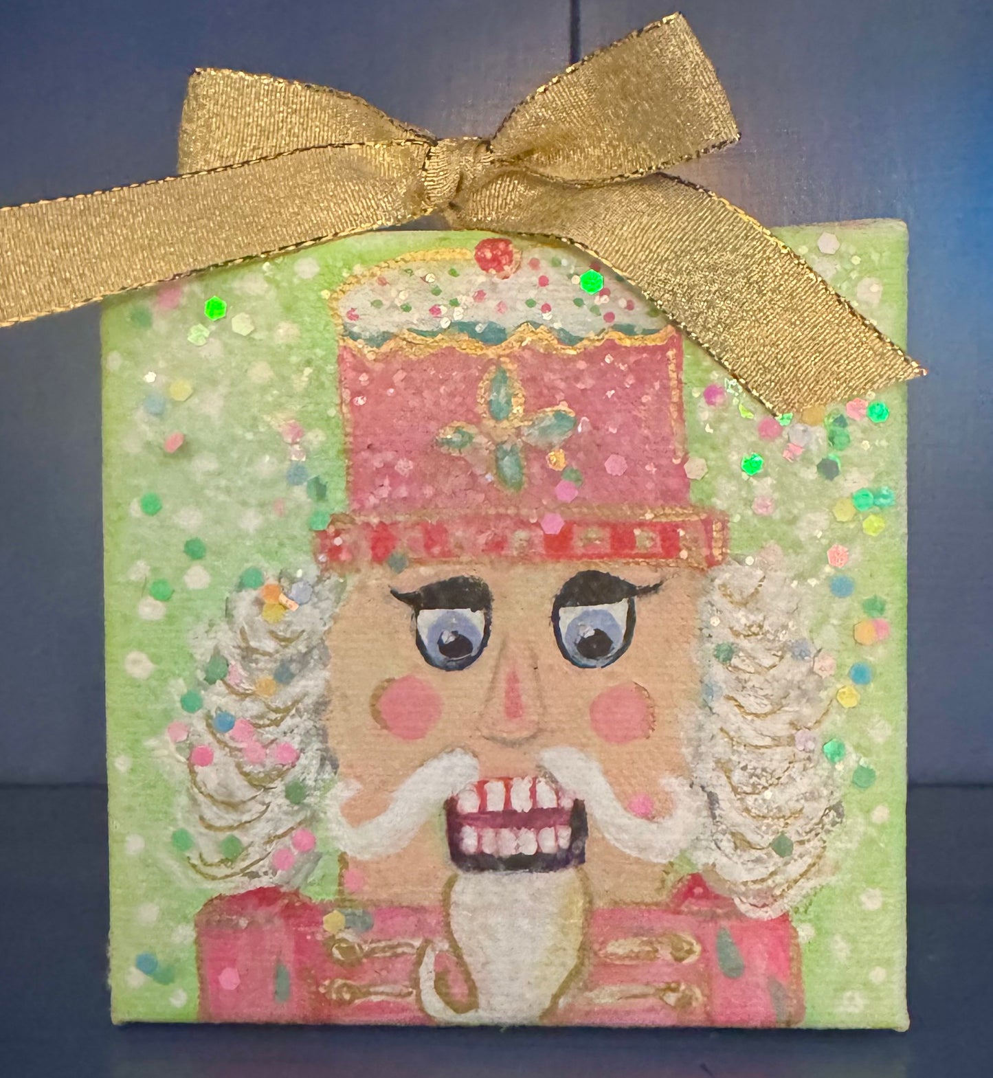 Mini Canvas Ornament - Pink & Green Nutcracker