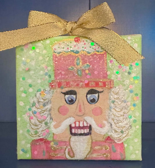 Mini Canvas Ornament - Pink & Green Nutcracker