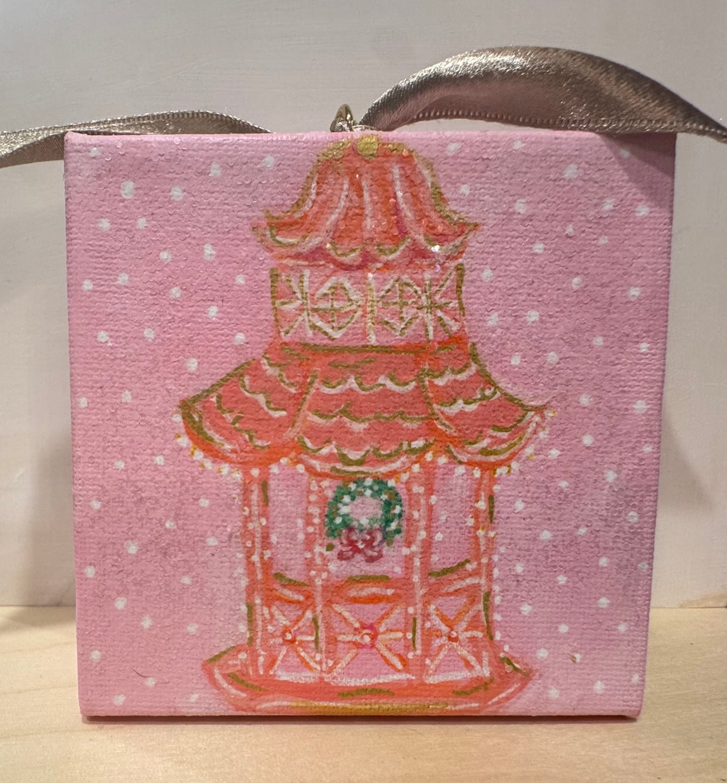 Mini Canvas Ornament - Pagoda Chinoiserie, pink and coral