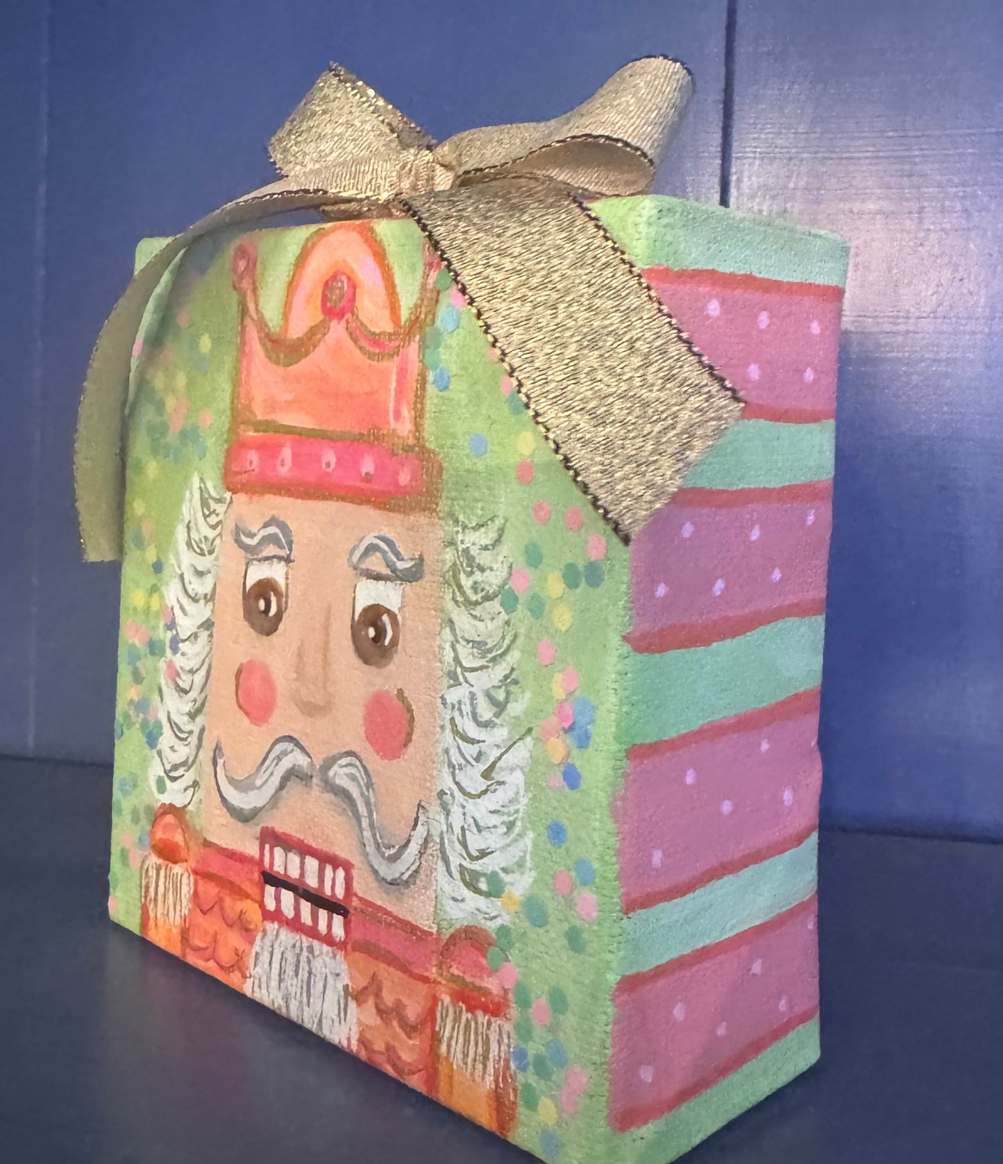 Mini Canvas Ornament - Green, pink & orange Nutcracker