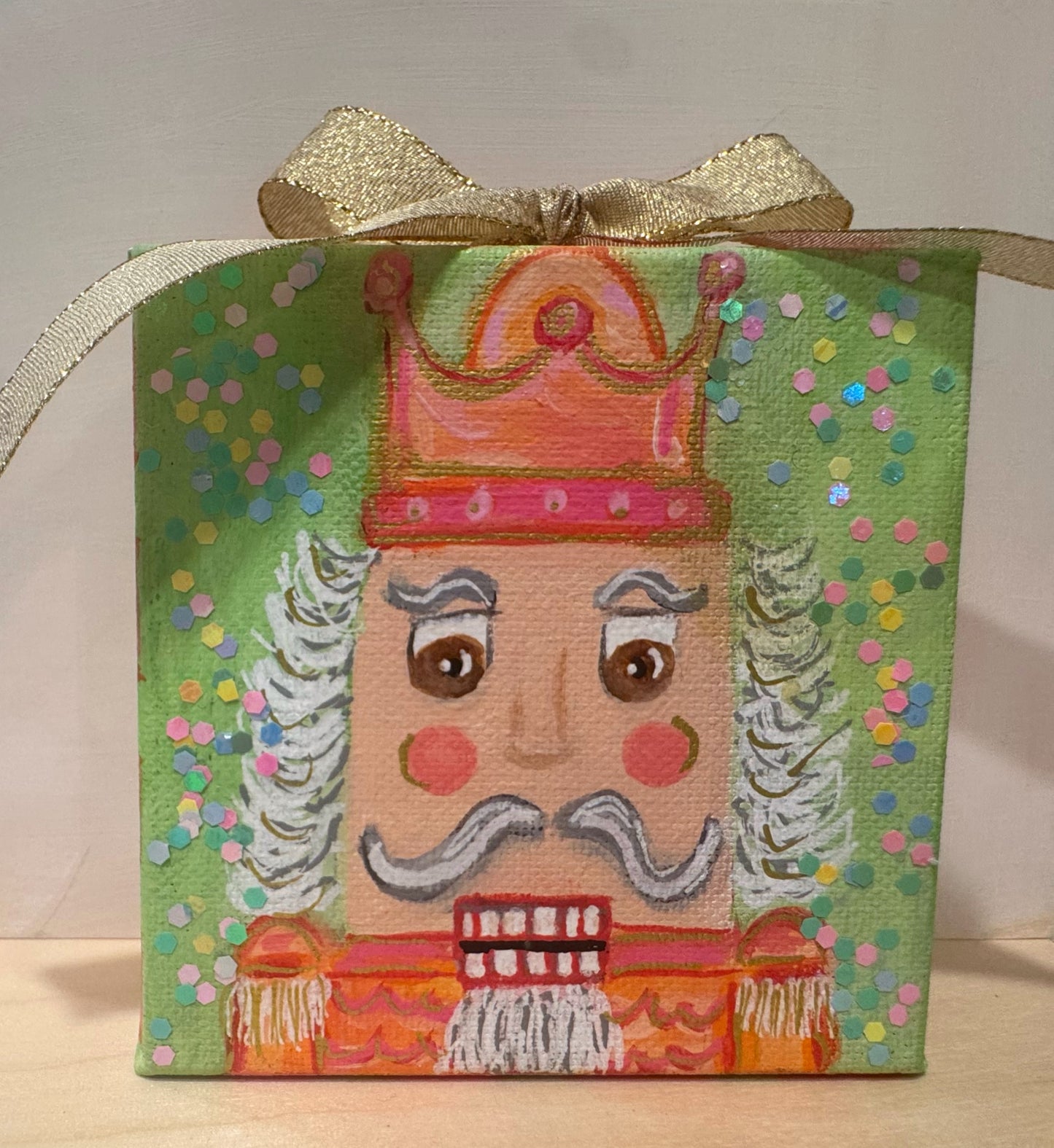Mini Canvas Ornament - Green, pink & orange Nutcracker