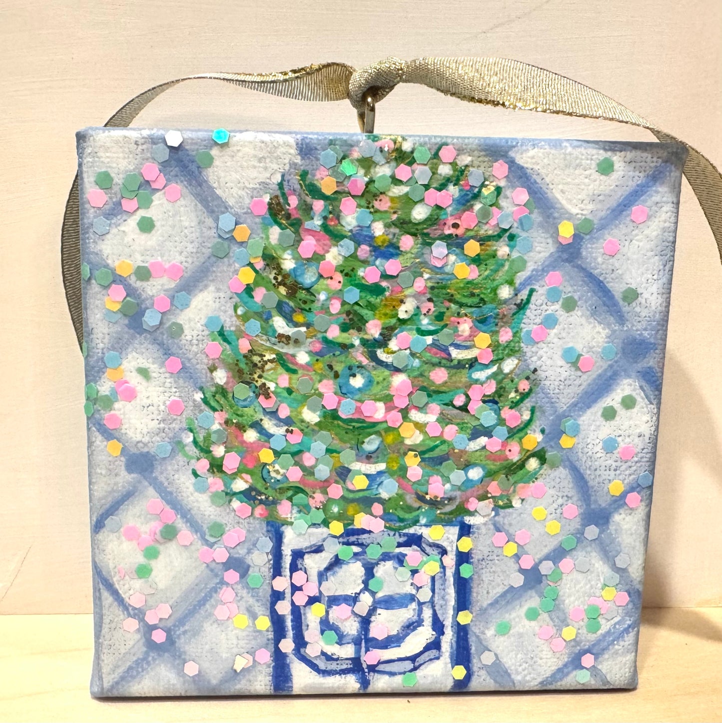 Mini Canvas Ornament - Potted Christmas Tree